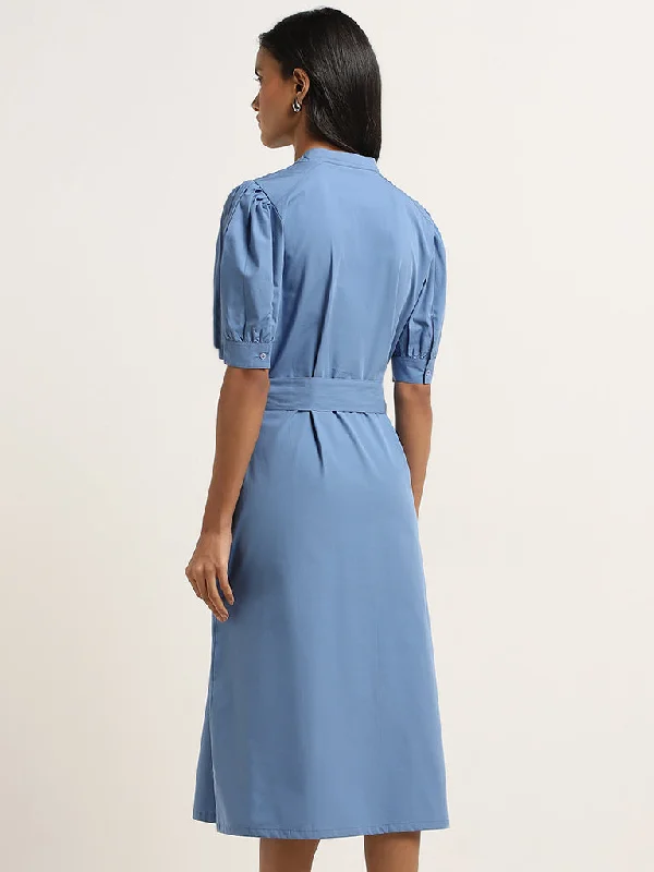 Wardrobe Blue Solid Straight Dress with Belt