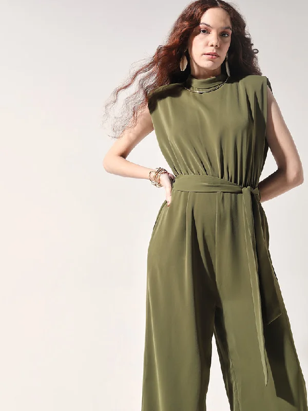 Wardrobe Olive Solid Jumpsuit with Belt