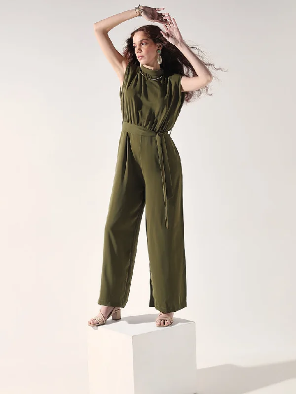 Wardrobe Olive Solid Jumpsuit with Belt