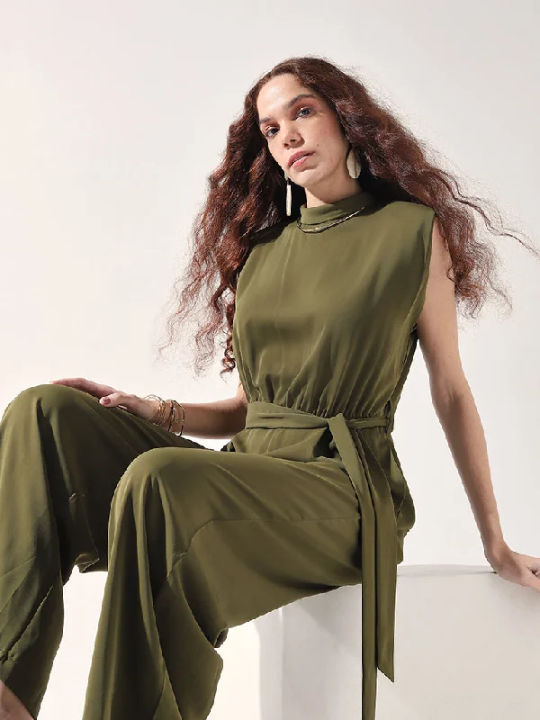 Wardrobe Olive Solid Jumpsuit with Belt