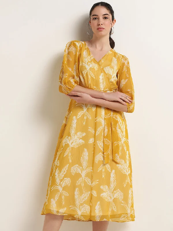 Wardrobe Yellow Printed Wrap Midi Dress with Belt