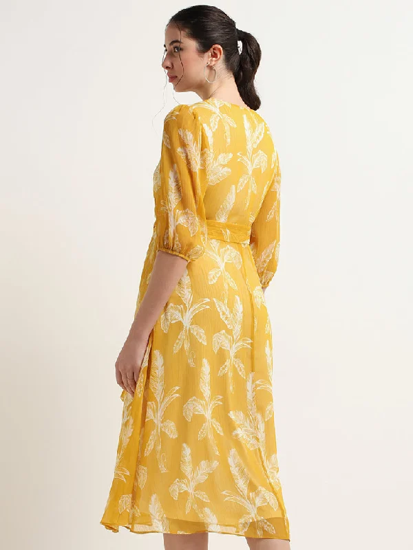 Wardrobe Yellow Printed Wrap Midi Dress with Belt