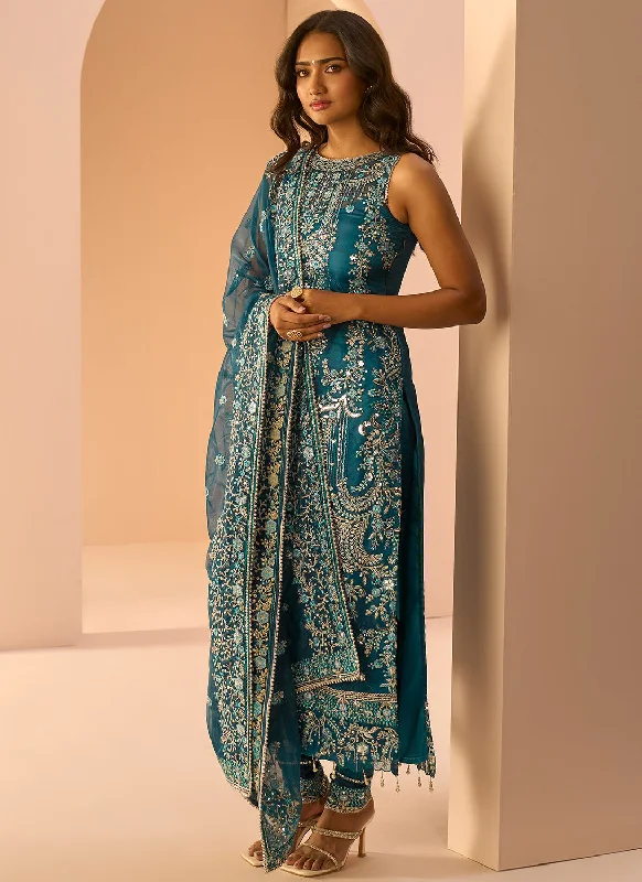 Dark Teal Embroidered Straight Suit