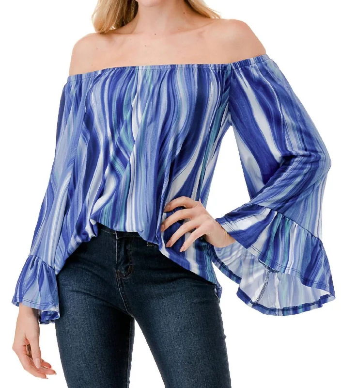 Cordella Off Shoulder Top In Blue Water Color In Blue Watercolor