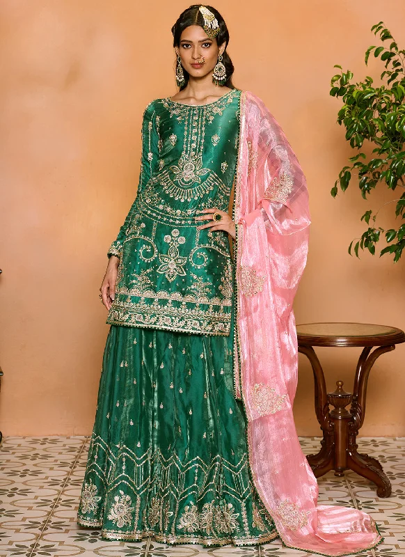 Green and Pink Embroidered Sharara Suit