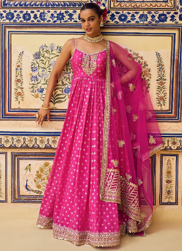 Hot Pink Hand Embroidered Brocade Anarkali