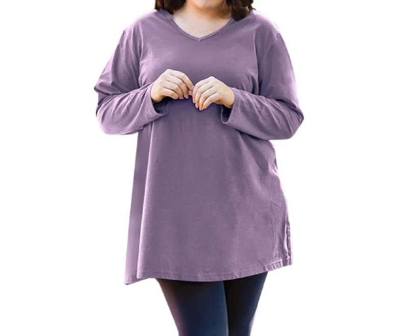 Jersey V-Neck Long Sleeve Tunic - Plus In Dusty Lavender