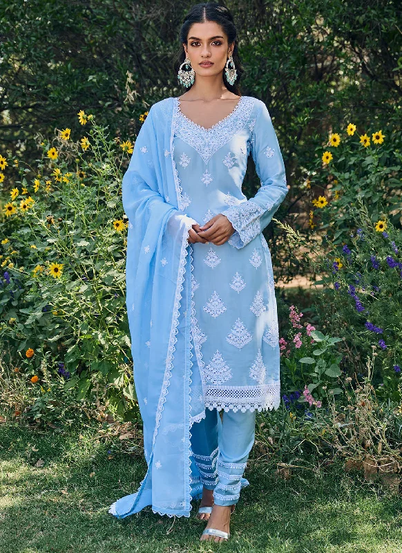 Light Blue Embroidered Cotton Straight Suit