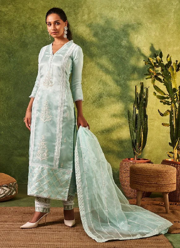 Light Turquoise Embroidered Straight Suit