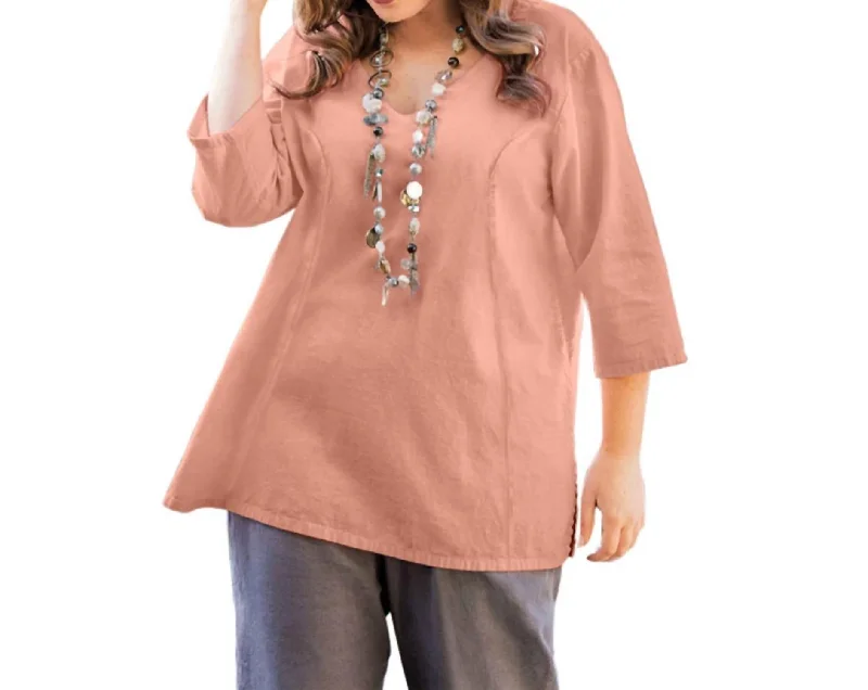 Linen 3/4 Sleeve V-Neck Top - Plus In Blush Pink