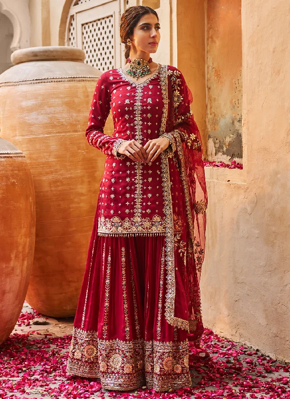 Maroon Embroidered Sharara Suit