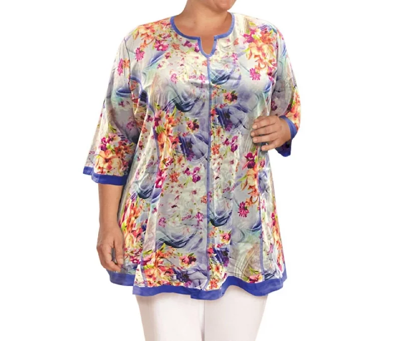 Notched V-Neck Anaise Tunic - Plus In Blue Floral Brush