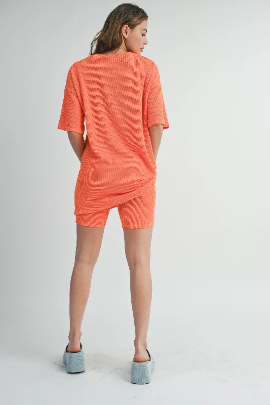 Orange Ribbed Biker Shorts Set