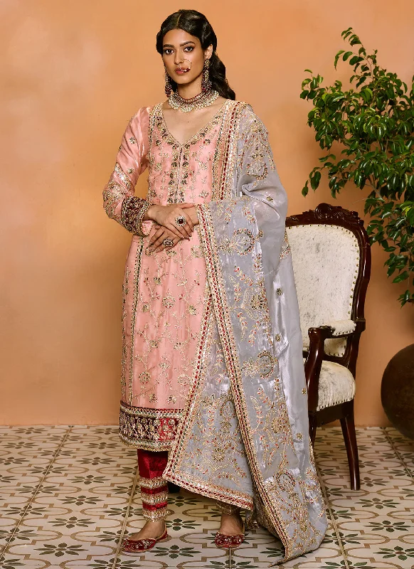 Peach and Maroon Embroidered Straight Suit