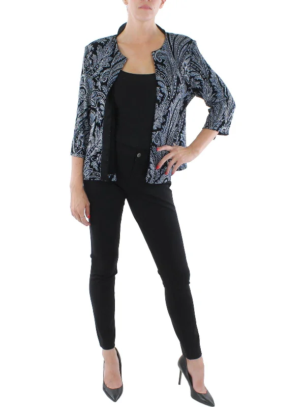 Petites Womens Knit Glitter Collarless Blazer