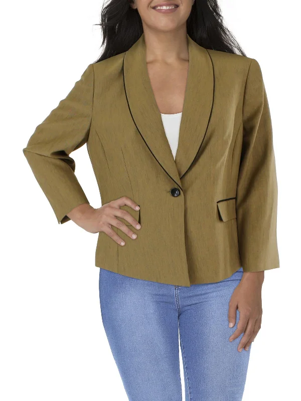 Plus Womens Herringbone Long Sleeves One-Button Blazer