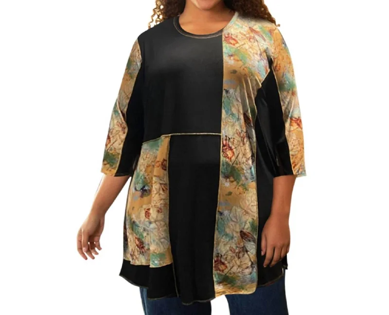 Print Block 3/4 Sleeve Tunic - Plus In Dry Roses