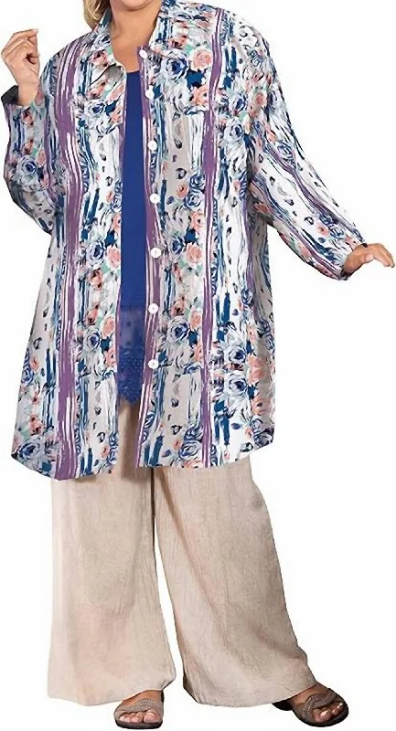 Printed Long Sleeve Chiffon Button Up Rodie Tunic - Plus In Purple Rose