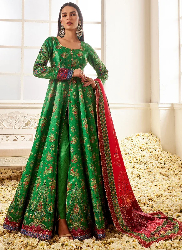 Red and Green Floral Printed Pant Style Anarkali