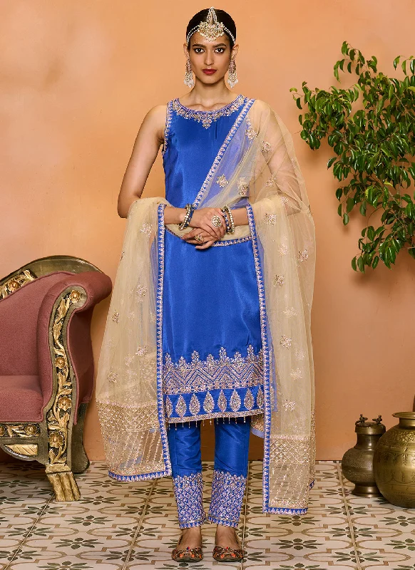 Royal Blue Embroidered Straight Suit