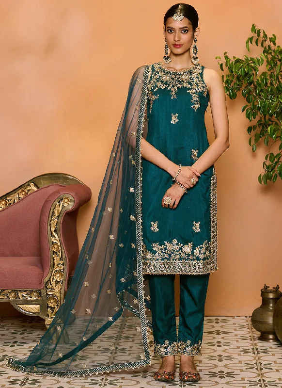 Teal Blue Embroidered Straight Suit