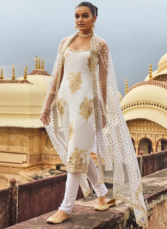 White and Gold Hand Embroidered Straight Suit