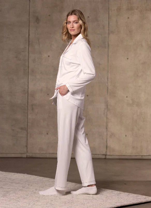 Women's Supima® Cotton Long Sleeve Top and Bottom Pajama Set in White