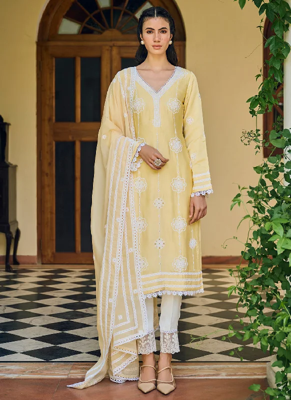 Yellow Embroidered Cotton Straight Suit