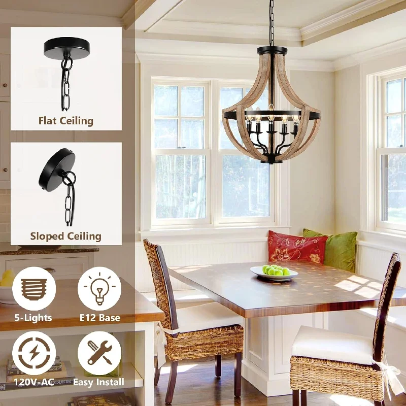 Chandeliers with Metal Frames in Bronze Finish19" Farmhouse Chandelier Light Fixtures, 5-Light Dining Room Light Fixtures Over Table, Solid Wood Modern Chandeliers