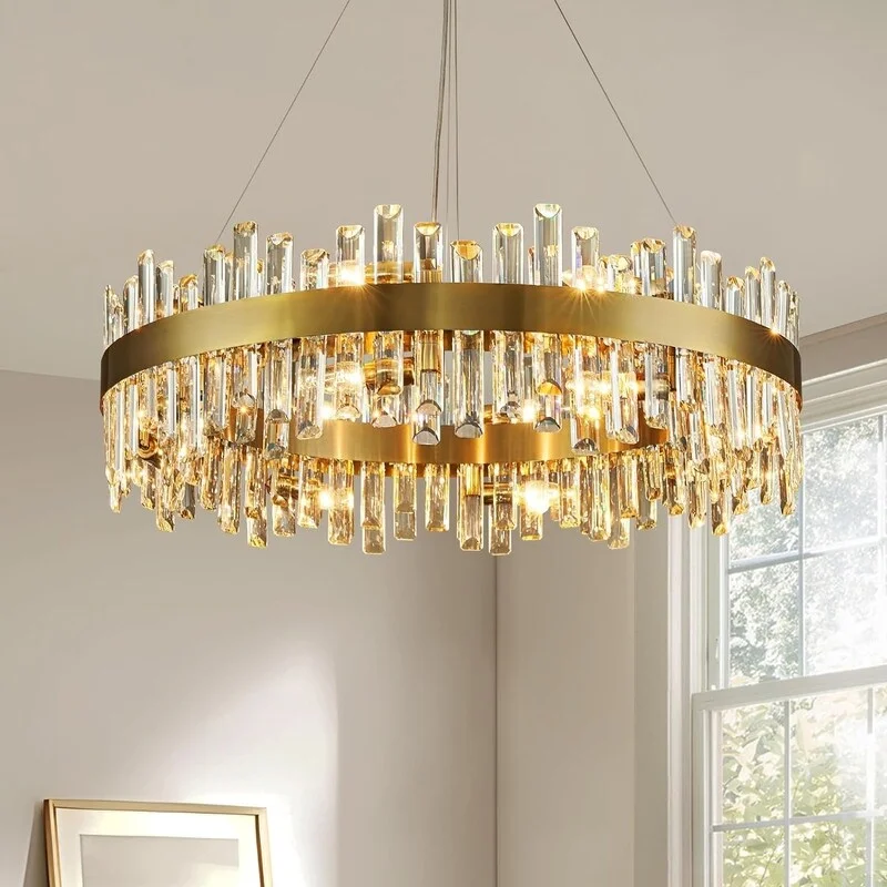 Chandeliers with Metal Frames in Silver Finish32 in. Brass Modern Crystal Chandelier 2-Tier Gold Glam Chandelier Luxury Kitchen Island Pendant Light for Living Dining Room