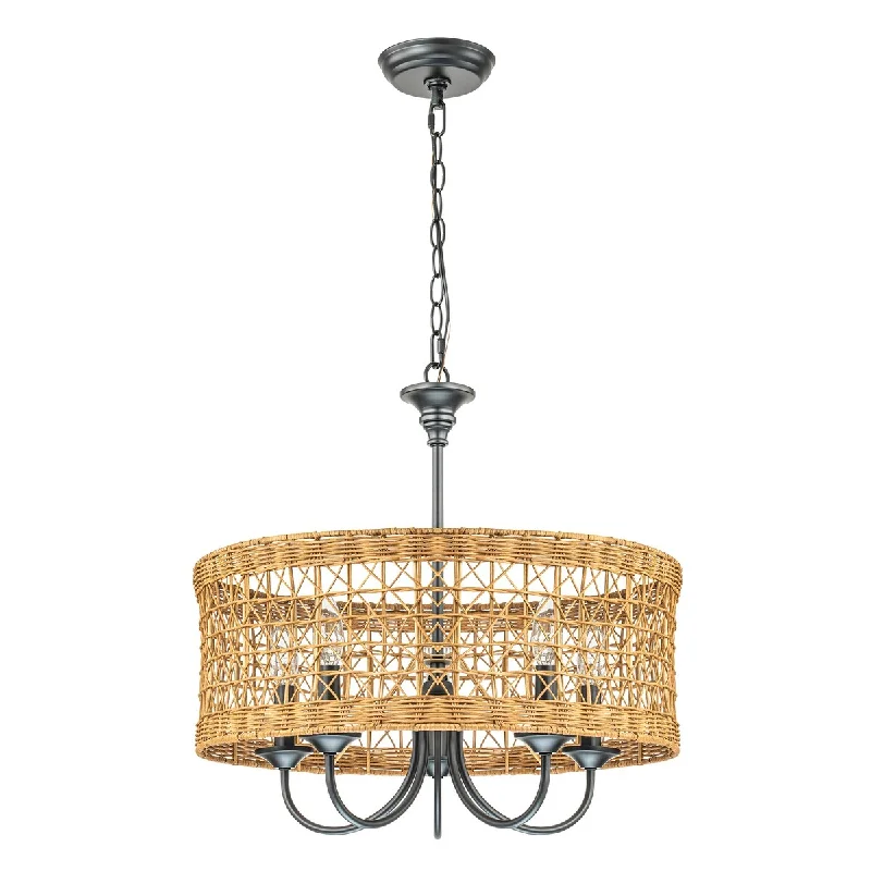 Minimalist Chandeliers for Sleek and Simple Interiors5-Light Farmhouse Boho Rustic Woven Rattan Pendant Light Round Drum Hand Woven Bamboo Rattan Chandelier - 19.6 in. W