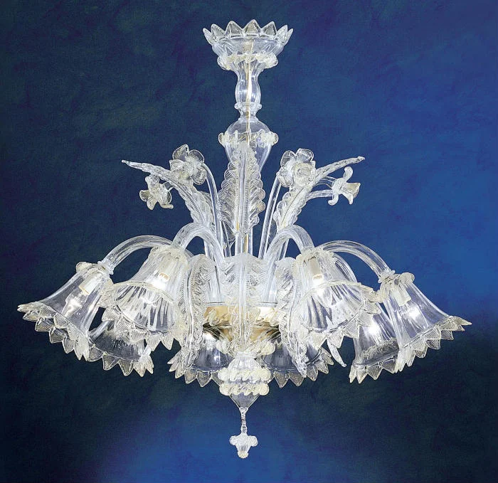 French Country Chandeliers with a Romantic Aura8 Light Clear Murano Glass Flower Chandelier & Gold Trim
