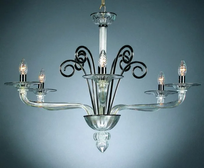 Traditional Brass Chandeliers for Classic InteriorsClear And Black Murano Glass 5 Light Art Deco Chandelier