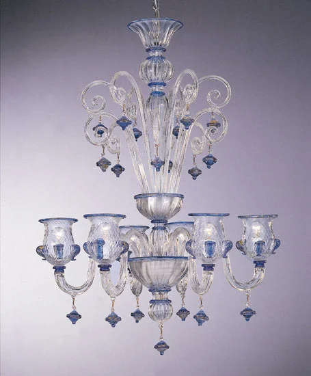 Chandeliers with Frosted Glass for a Softer Light DiffusionClear Glass Murano Chandelier With Blue And Gold Trim