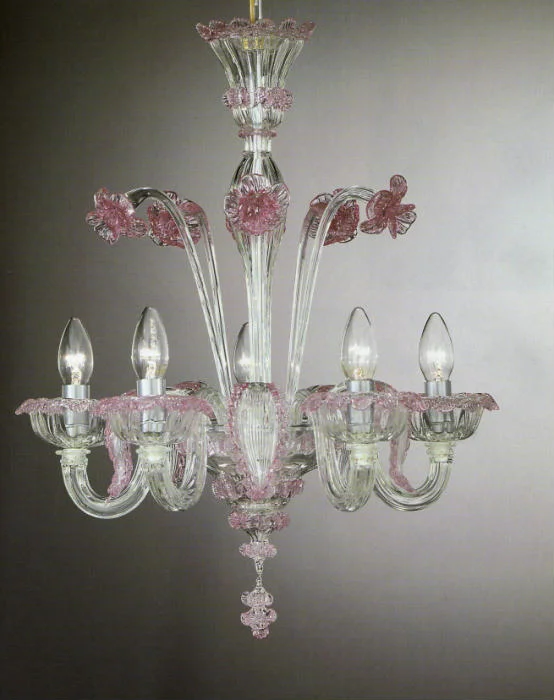Incandescent Chandeliers for a Warm and Traditional GlowClear Murano Glass 5 Arm Chandelier With Pink Flowers & Accents