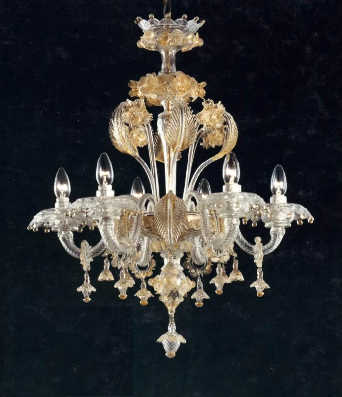 Rustic Wood Chandeliers for Country - Style HousesClear Murano Glass 6 Light Chandelier With Golden Flowers