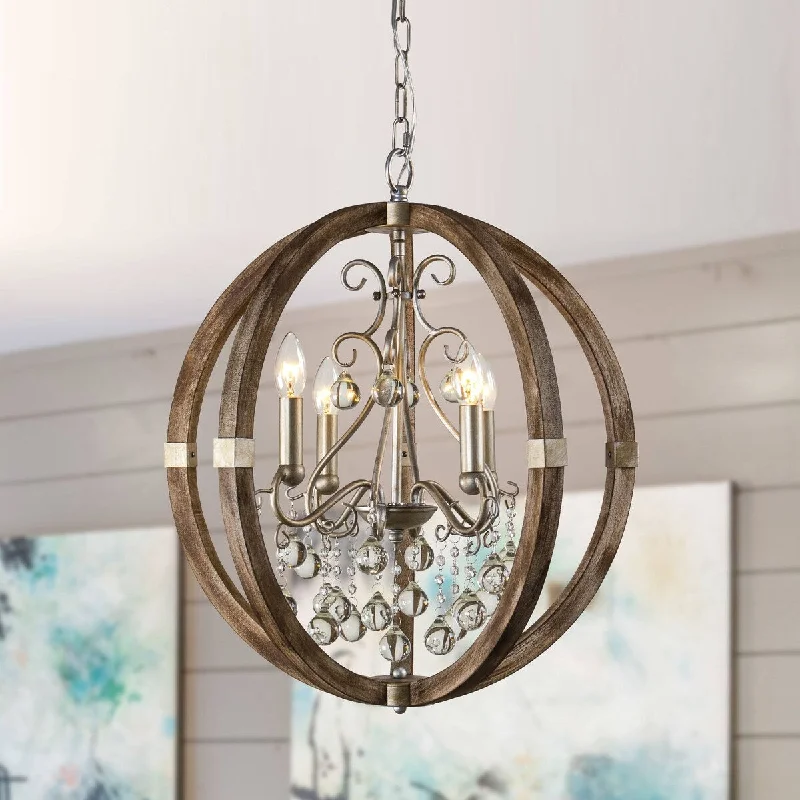 Minimalist Chandeliers for Sleek and Simple InteriorsFarmhouse Brown 4-Light Wood Frame Crystal Globe Chandelier - 21.7-in W x 24.7-in H