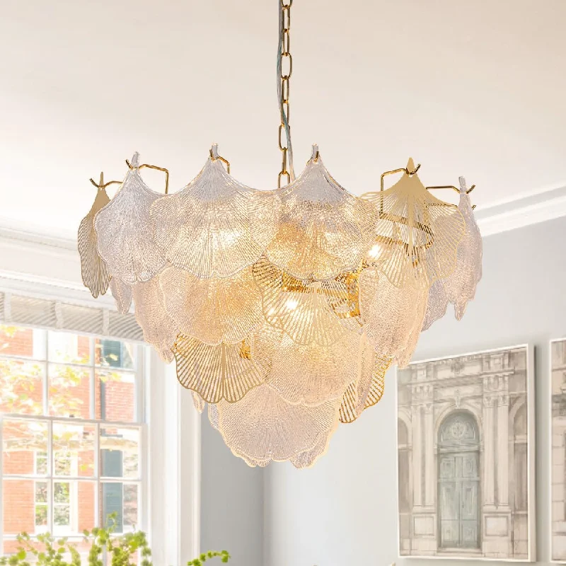 Chandeliers with Sputnik - Style Design for a Futuristic VibeGinkgo 8-Light Ribbed Textured Glass Round Leaf Chandelier - 23.6in