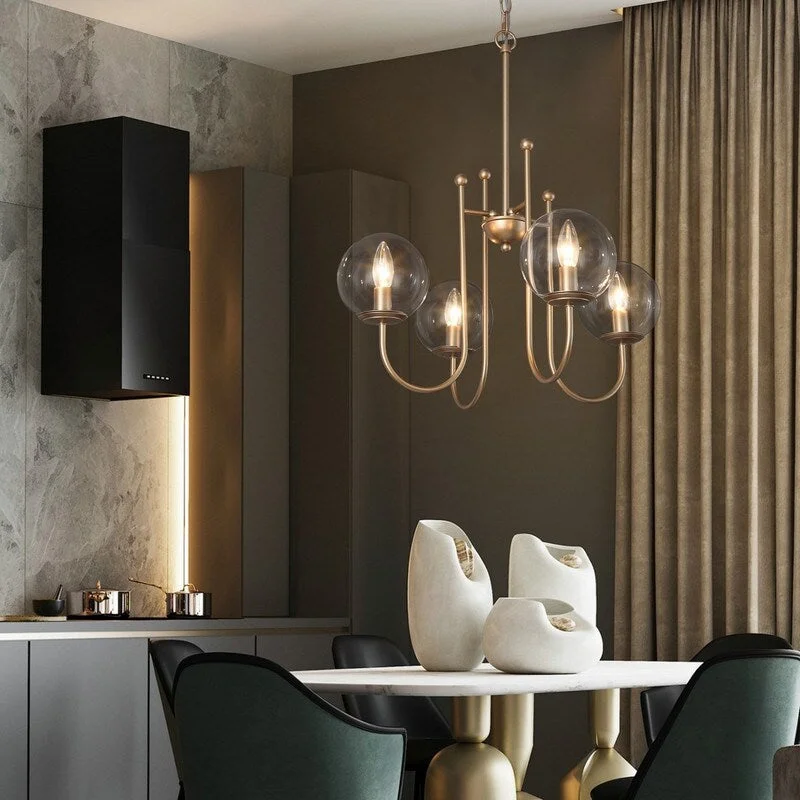Mini Chandeliers for Adding Charm to Small SpacesMid-Century Modern Gold 4-light Wheel Chandeliers Globe Glass Curved Arms for Kitchen, Dining Room, Entryway - D21.5'' x H84.5''