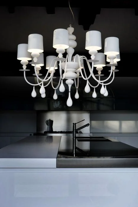 Chandeliers with Colored Glass for a Splash of ColorModern 10 Light White Coated Wood Chandelier