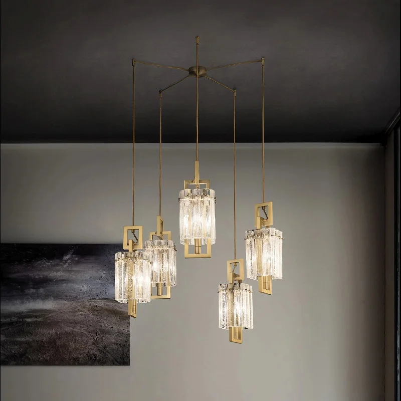 Large Chandeliers for Grand Halls and FoyersModern Gold Ceiling Pendants With Glass Panels Inspired By Rock Crystal