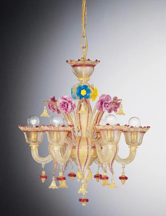 French Country Chandeliers with a Romantic AuraMulticoloured Murano Glass Chandelier With 6 Lights And Flowers