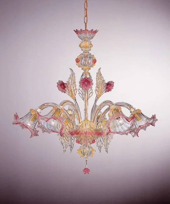 Chandeliers for Low Ceilings to Avoid OvercrowdingMurano Chandelier With Pink Roses And 24 Carat Gold