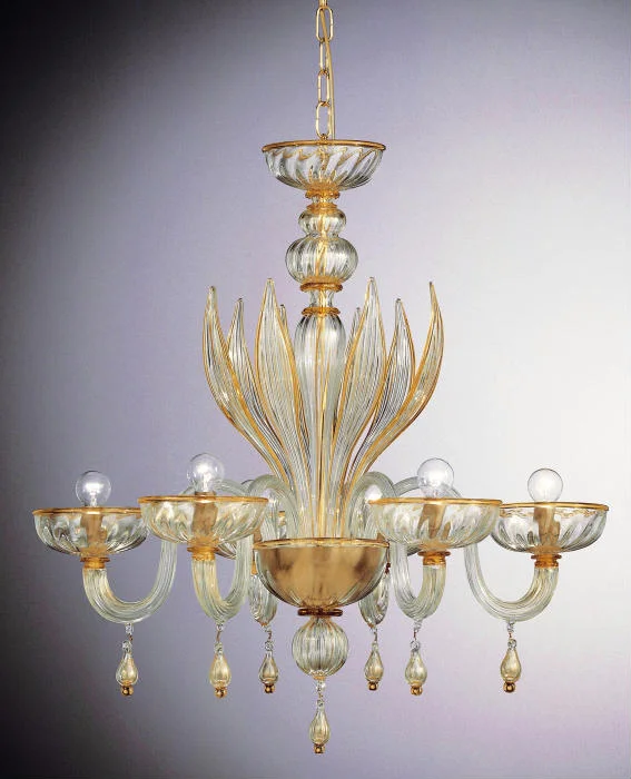 Chandeliers with Metal Frames in Black FinishMurano Clear Glass Chandelier With Amber Trim