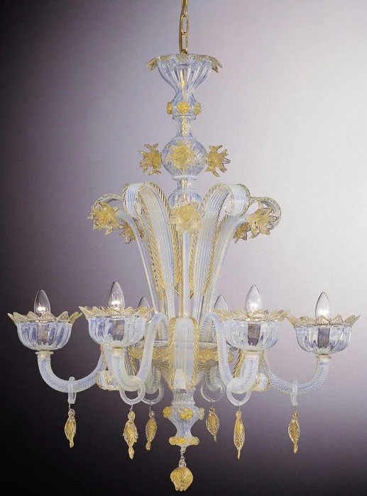 Chandeliers with Colored Glass for a Splash of ColorMurano Glass 6 Arm Chandelier With Blue And Gold Details