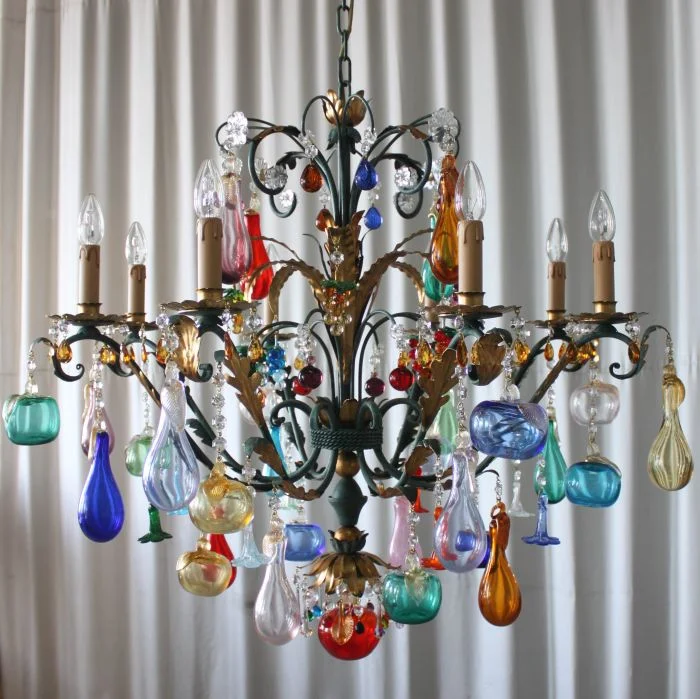Chandeliers with Metal Frames in Black FinishMurano Glass Fruit Chandelier With 8 Lights & Green Metal Frame