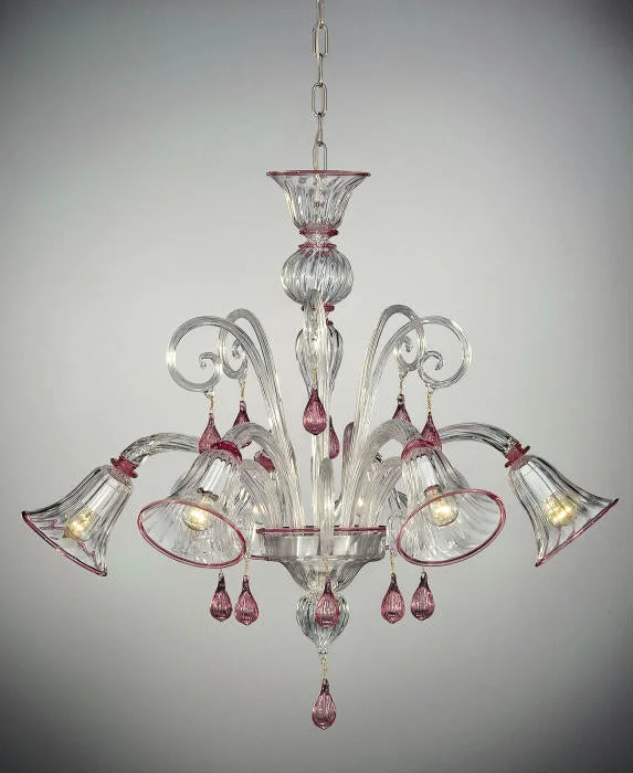 Large Chandeliers for Grand Halls and FoyersRuby Pink And Clear Murano Glass Chandelier