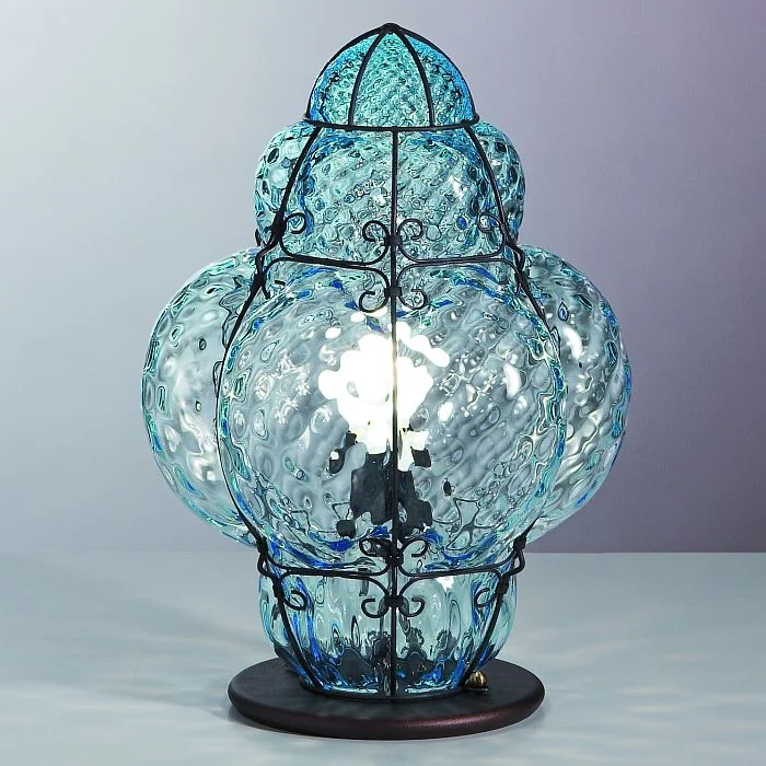 Chandeliers with Metal Frames in Black FinishClassic Venetian Baloton Glass Table Lamp  In Clear, Aqua, Or Amber Glass Finishes