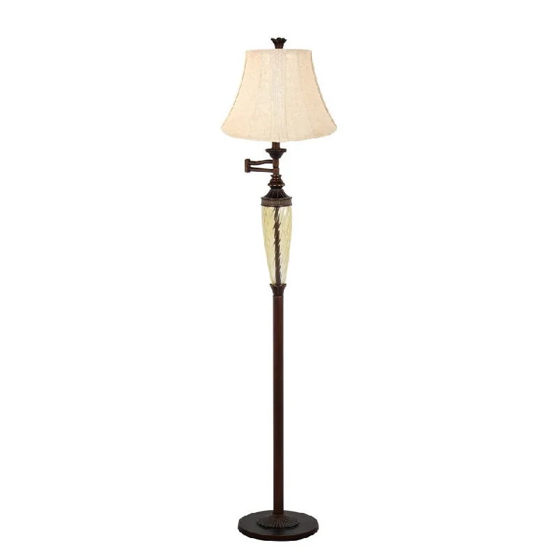 USB Charging Port Floor Lamp for Convenient Device Charging60-inch Swirl Glass Column Swing Arm Floor Lamp with Linen Bell Shade