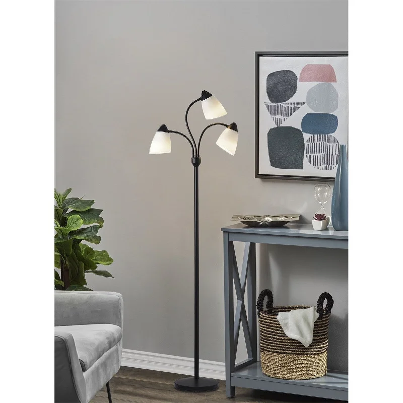  Way Switch Floor Lamp for Multiple Light Intensity LevelsBlack 3 Head Floor Lamp White Plastic Shades LED Bulbs Included